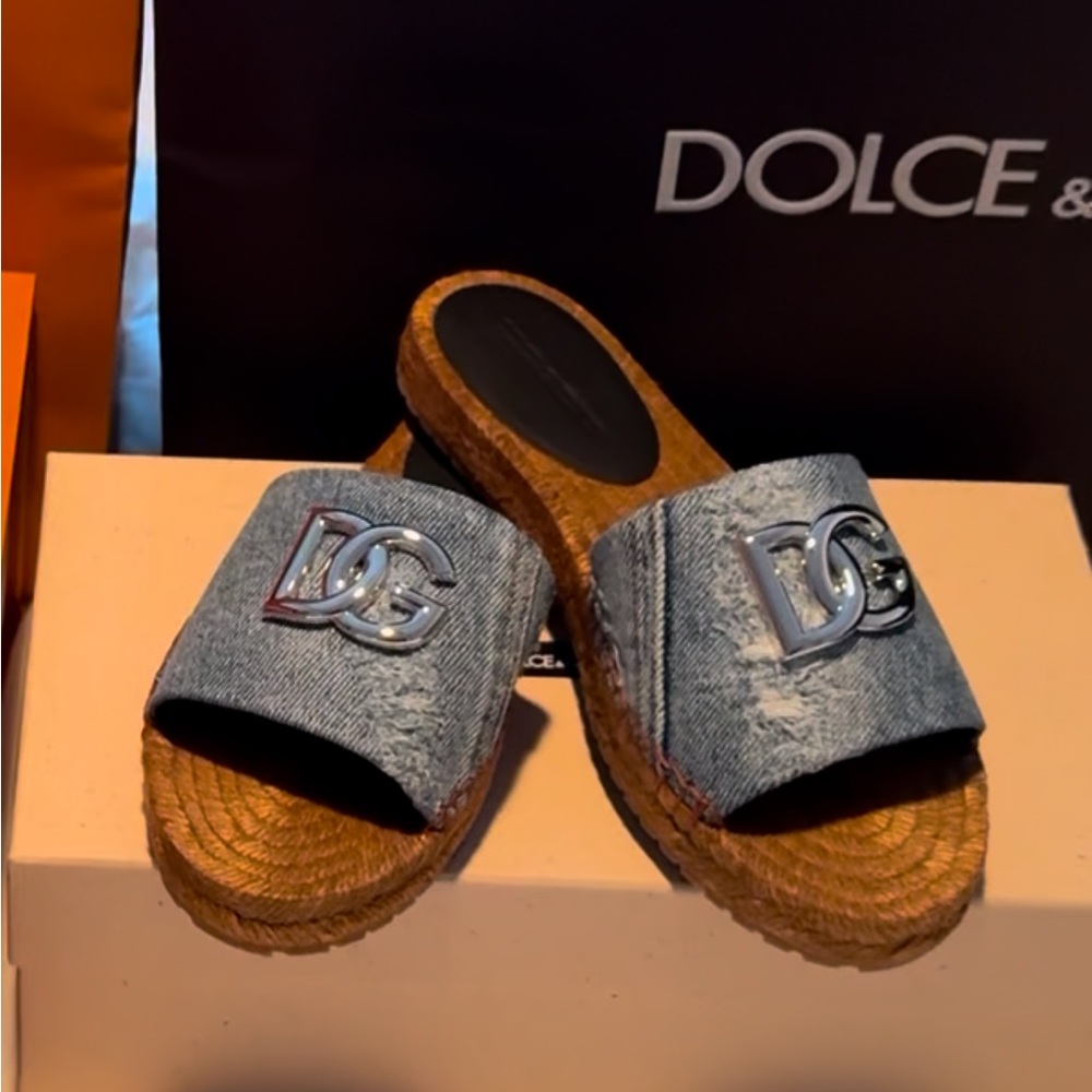 Dolce & Gabbana Medallion Denim Flat Espadrille Sandals